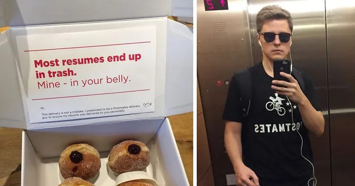 Guy Dresses Himself As Delivery Man To Hand-Deliver His CV Disguised As Box Of Donuts