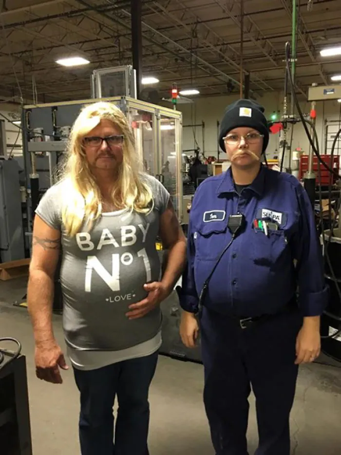 Father And Daughter Work Together. This Is Their Halloween Costume