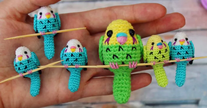 Russian Artist Crochets Miniature Budgies  On Sticks