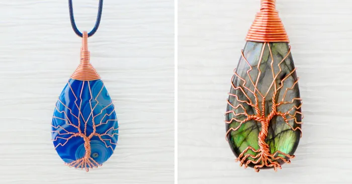 Discarded Copper Wire Twisted Into Trees To Beautifully Frame Dazzling Stone Pendants