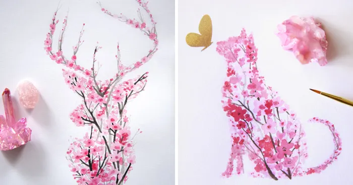 I Watercolor Cherry Blossom Animals