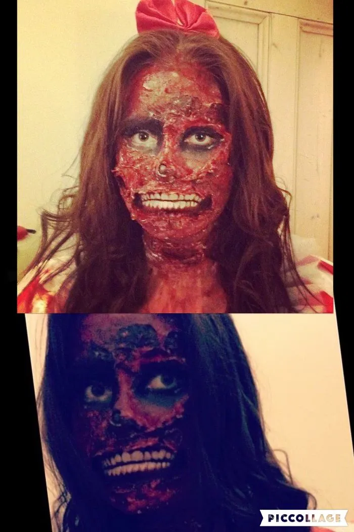 Scary zombie face makeup as part of creative Halloween costume ideas.