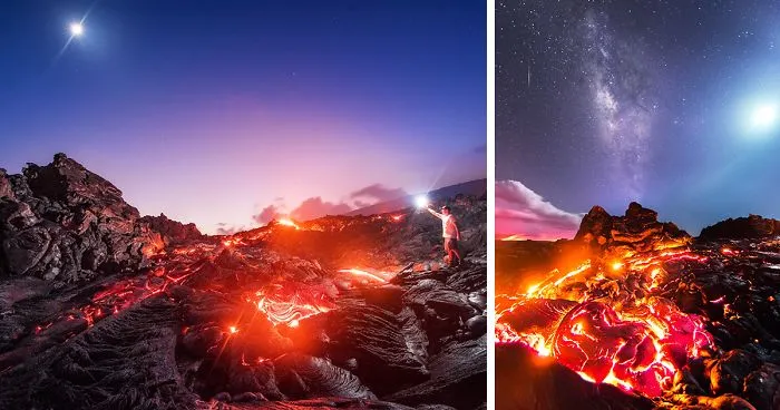 Photographer Risks Getting Burned To Capture Lava, Meteor, Milky Way And Moon In A Single Shot