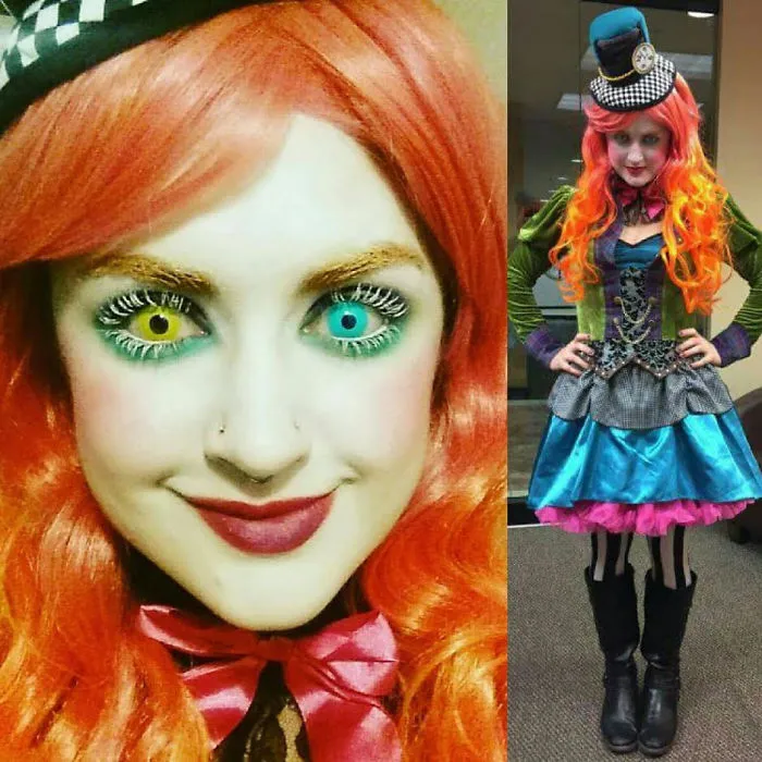 A woman wearing a vibrant Mad Hatter outfit as a creative Halloween costume idea.
