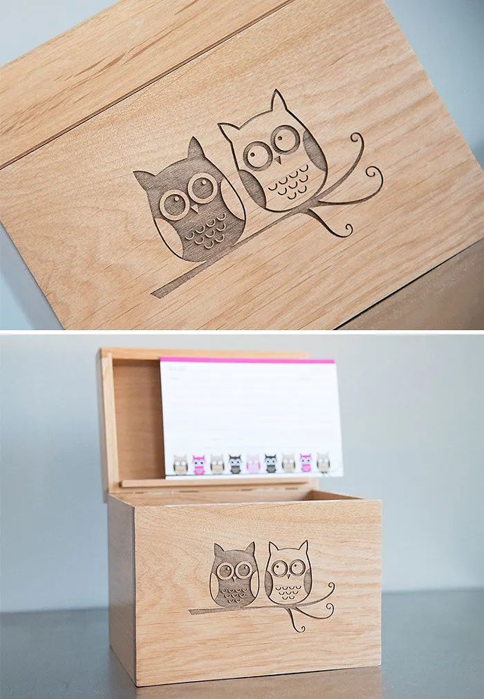 Wooden Recipe Box With Owls