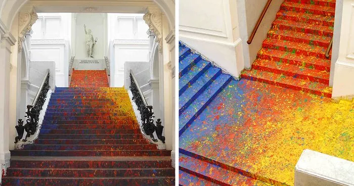 Polish Artist Splatters National Gallery's Staircase With Paint And It Looks Absolutely Beautiful