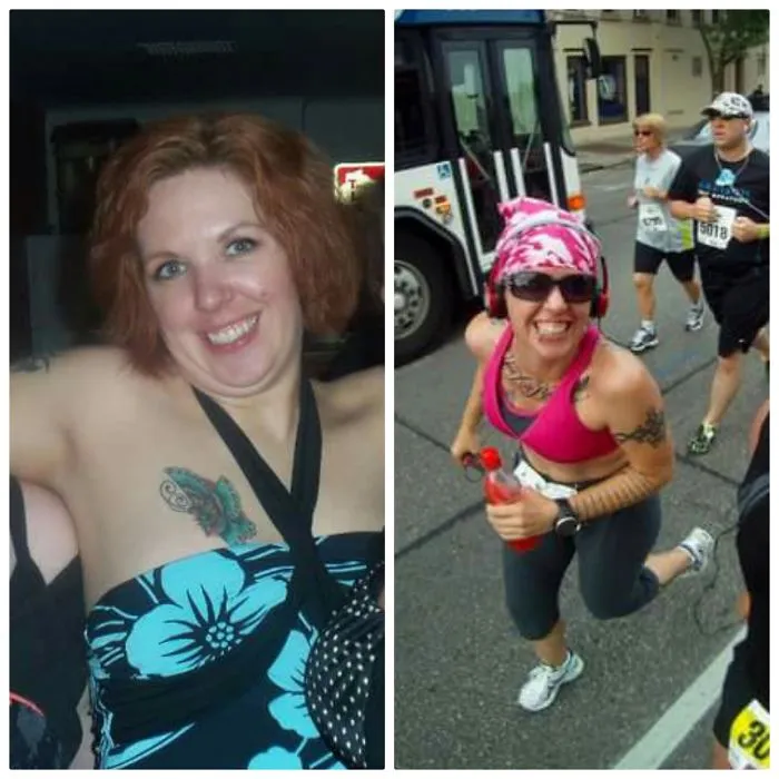 Woman before and after fitness transformation showing health benefits of quitting drinking, smiling and running in race.