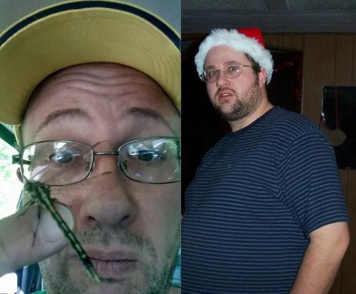 Before-and-after photos of a man showing visible health and weight changes after he stopped drinking alcohol.