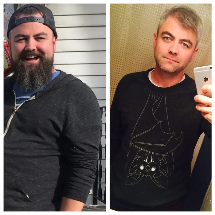 Before-and-after transformation of a man who stopped drinking alcohol.