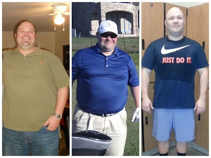 Man showing weight loss transformation in three photos, illustrating the effects of quitting drinking over time.