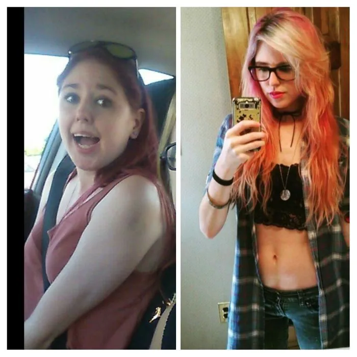 Young woman before and after transformation showing effects of quitting drinking with healthier appearance and style changes.