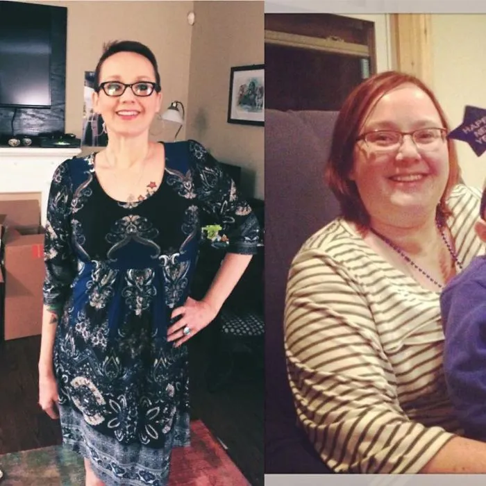 Side-by-side before and after photos of a woman showing transformation after quitting drinking and improving her health.