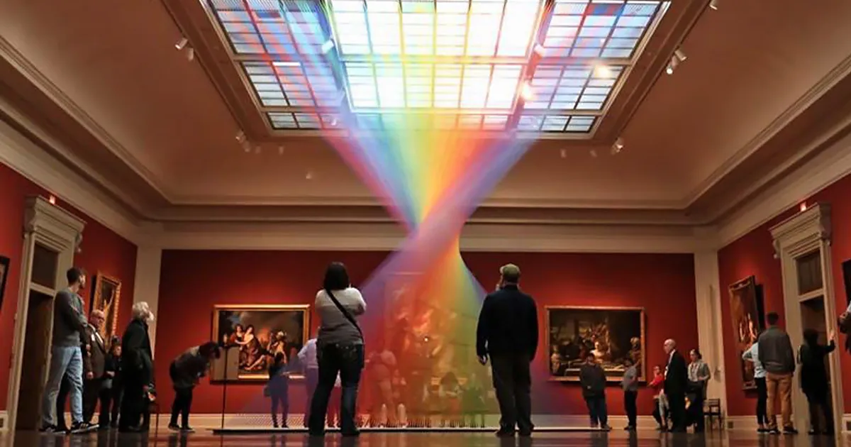 Este arco iris artificial atrapado en una galería de arte está hecho con miles de hilos de colores
