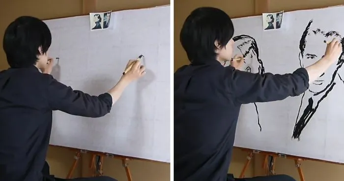 Japanese Artist Draws Two Separate Portraits Simultaneously
