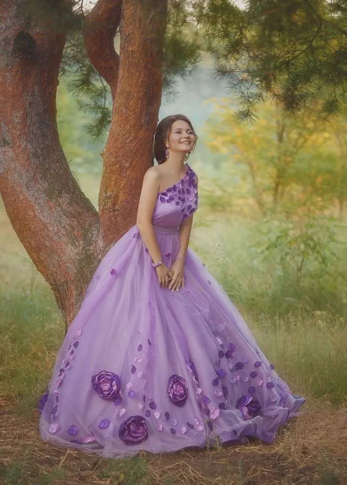 Woman in a purple dress smiles under a tree, illustrating before Photoshop transformation.
