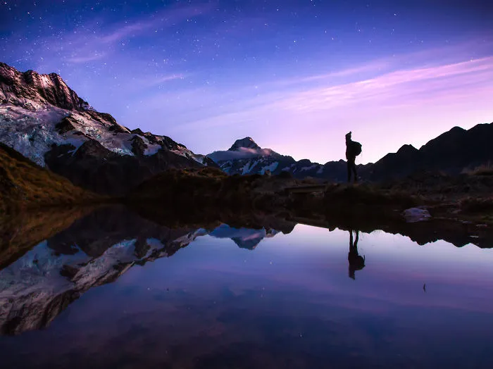 Arriving Early Up To The Sealy Tarns After 1810 Stairs And A Hard Slog After No Sleep. The Stars Were Still Out, Mount Cook Was Reflecting And The Sun Was Getting Ready To Start The New Day