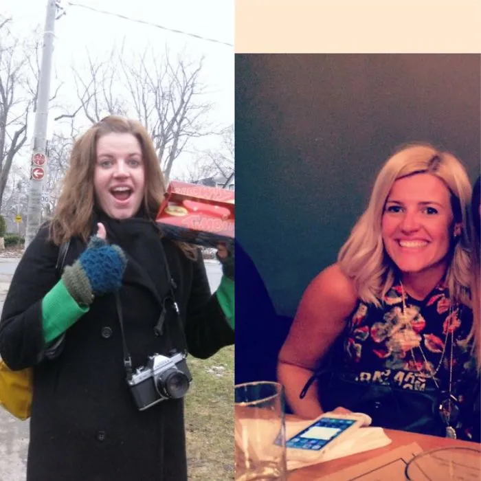 Before-and-after pics of a woman showing positive changes and improved appearance after quitting drinking.