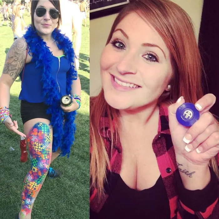 Side-by-side before and after photos showing changes in a woman’s appearance after quitting drinking, highlighting transformation.