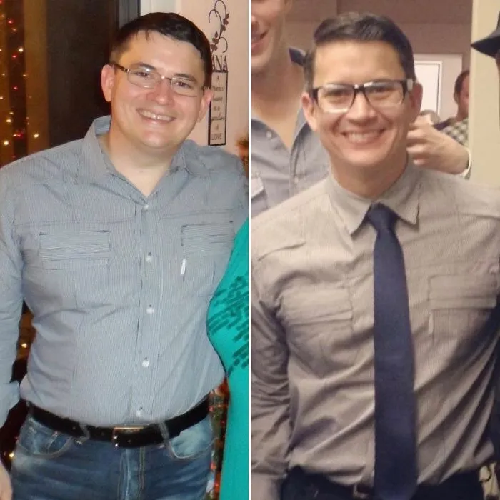 Before and after photos showing changes when you stop drinking, featuring a man in similar outfits but visibly different.