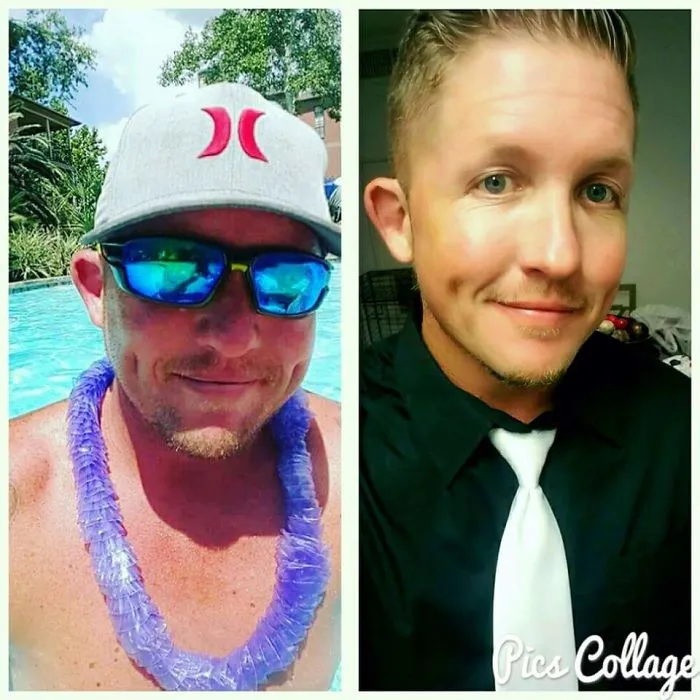 Man showing a clear before and after transformation with improved skin and appearance after quitting drinking