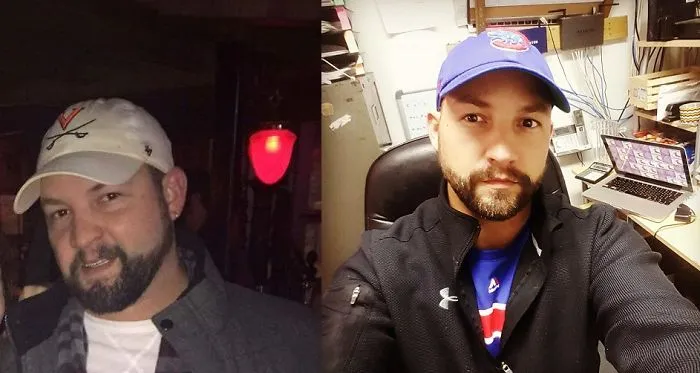 Side-by-side before and after pics showing a man's transformation after quitting alcohol, highlighting health and appearance changes.