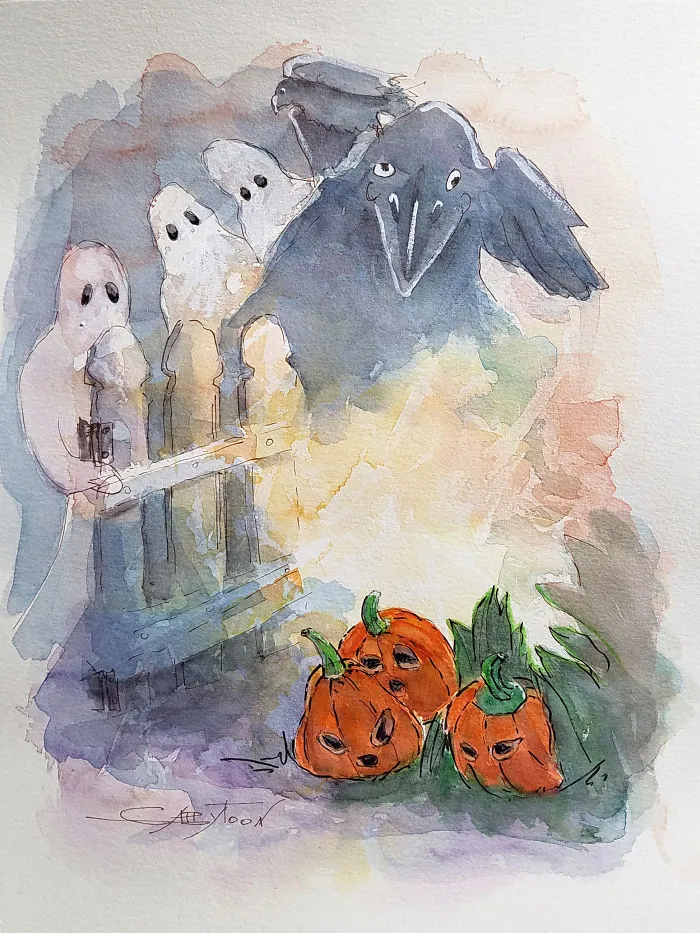 Scared Pumpkins Watercolor, Ink, Paper, 12"x9"