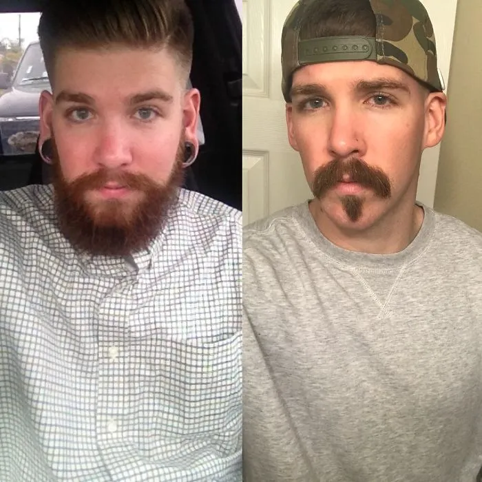 Side-by-side before and after pics showing facial changes from stopping drinking, featuring a man with different beards.