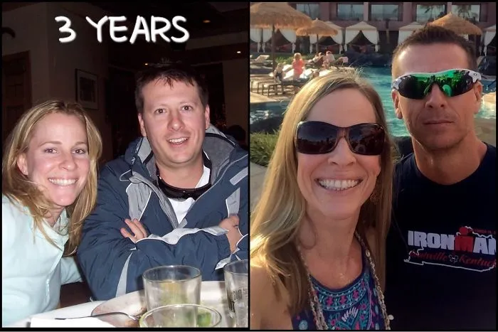 Side-by-side before and after photos of a couple showing changes after quitting drinking for three years.