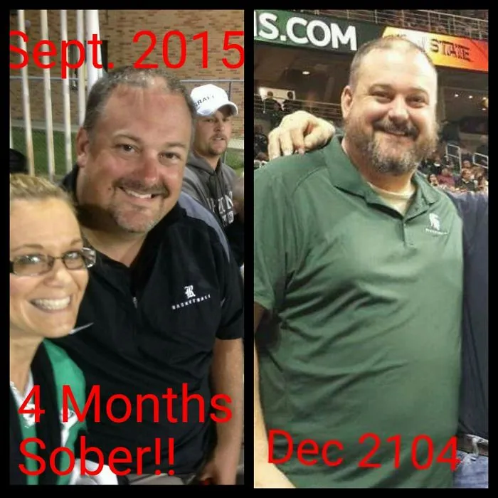Man smiling in two side-by-side photos showing before and after 4 months sober with changes from drinking cessation