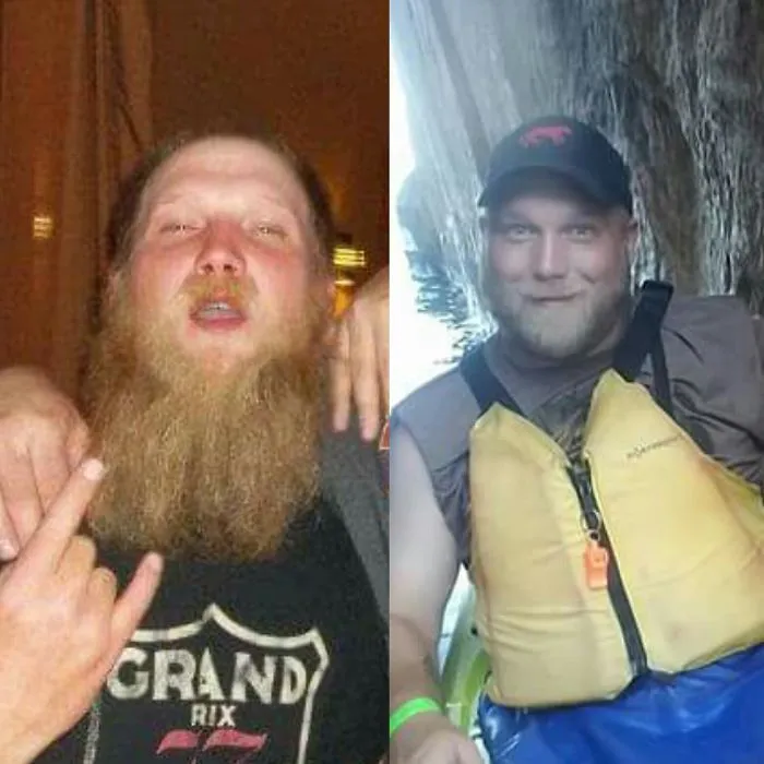 Before-and-after pics showing physical transformation and improved health after quitting drinking, outdoors activity included.