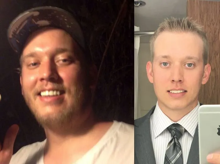 Before and after photos showing the transformation when stopping drinking; left image with casual attire, right in a suit.