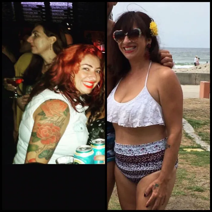 Before-and-after image of a woman showing the effects of stopping drinking, with visible changes in appearance and setting.