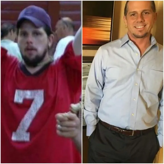 Before and after photos showing physical transformation and health improvements after quitting drinking alcohol.