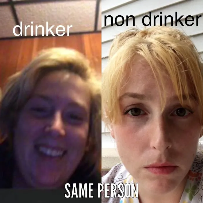 Side-by-side before and after pics showing changes in the same person after stopping drinking, highlighting non drinker effects.