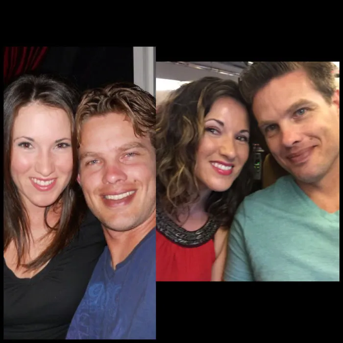 Before-and-after photo showing facial changes in a couple after they stop drinking alcohol over time.