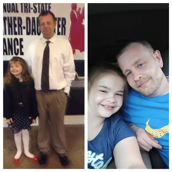 Before-and-after image of a man with his daughter showing changes after stopping drinking.