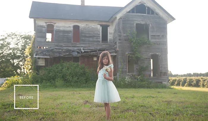Young girl in a white dress stands in front of an old, weathered house, revealing the truth behind beautiful photos.