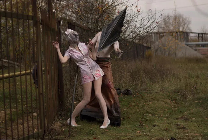 Characters in horror costumes posing outdoors, highlighting Photoshop transformation impact on photos.