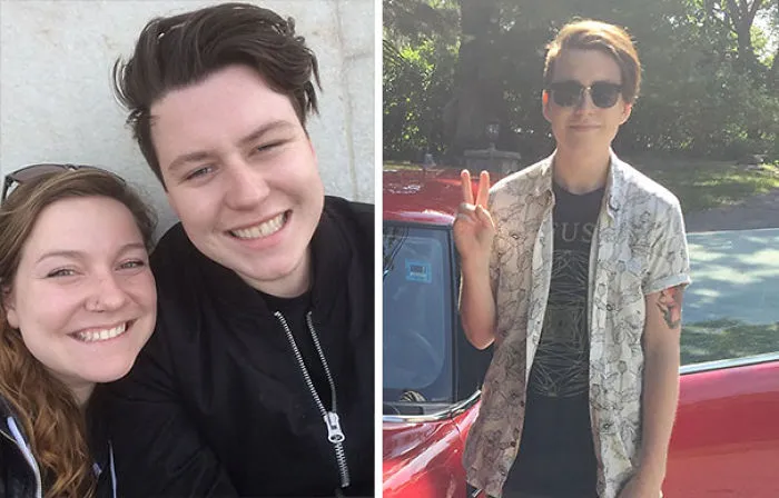 Person showing before-and-after effects of quitting alcohol, smiling with a friend and posing by a red car.