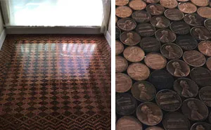 Woman Uses 13,000 Pennies To Renovate Old Floor And Turn It Into Stunning Patterns