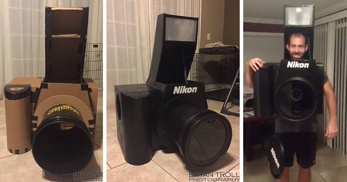 Este hombre se disfrazó en Halloween de cámara Nikon completamente funcional, y pasó la noche haciendo fotos