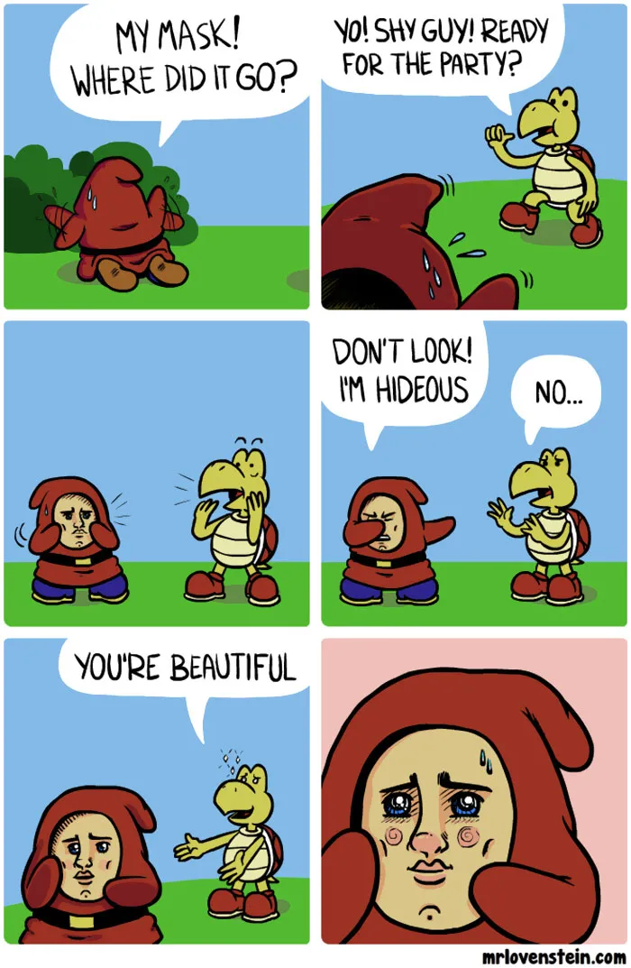 Comic showing a character losing its mask, worrying about appearance, and receiving a compliment. Dark humour theme.