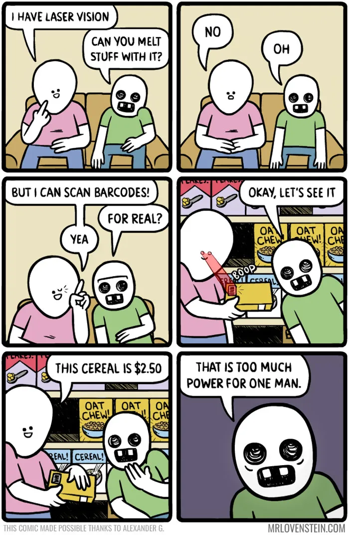Comic about laser vision used to scan cereal barcodes, illustrating dark humour.