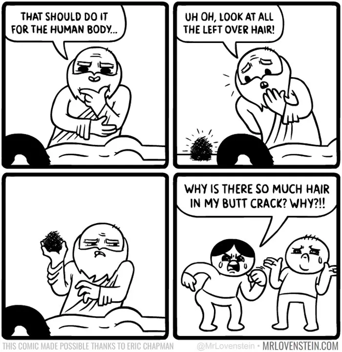 Comic about leftover hair and dark humor, featuring puzzled characters reacting to excess hair in an unexpected place.