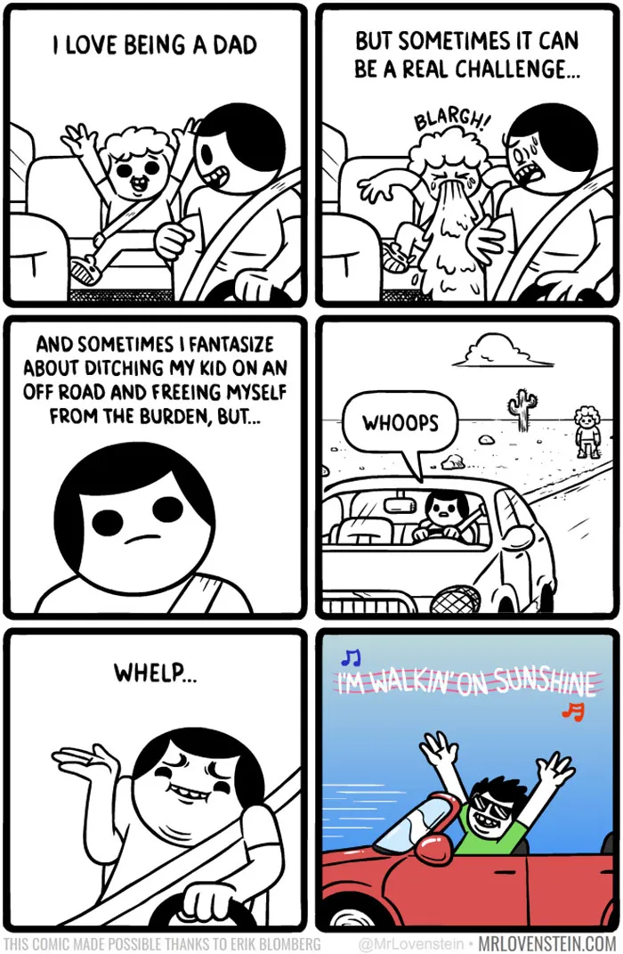 Dad humor comic showing parenting challenges and fantasies of driving away, with humorous twist and dark humour elements.