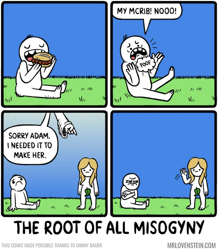 Comic strip depicting a humorous twist on creation, involving a McRib sandwich disappearing to form a woman, showcasing dark humour.