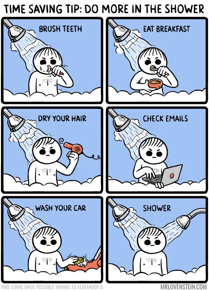 Comic on multitasking in the shower, brushing teeth, eating, drying hair, checking emails, washing a car, and showering. Dark humour.