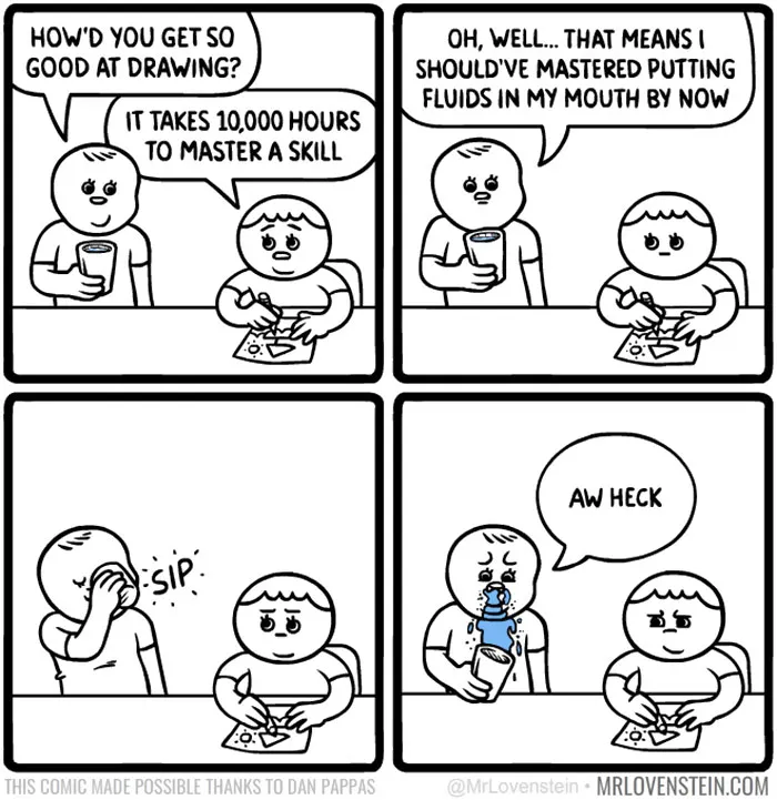 Comic of two people discussing skills, with dark humour about mastering drinking.