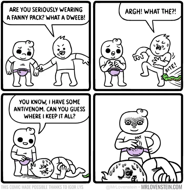 Comic strip with two characters, dark humour theme, focusing on a comical fanny pack exchange involving a snake bite.