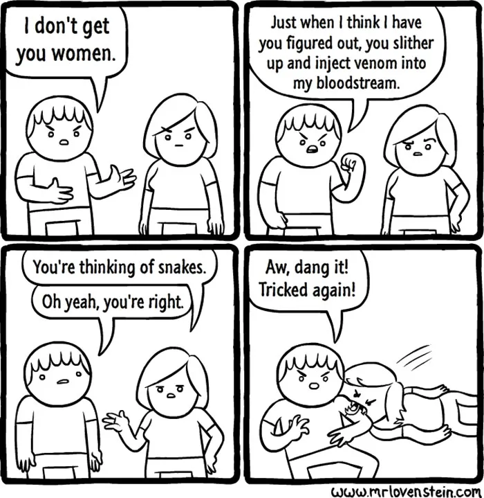 Comic strip with dark humor about a man confusing women with snakes, ending with a woman's playful act.